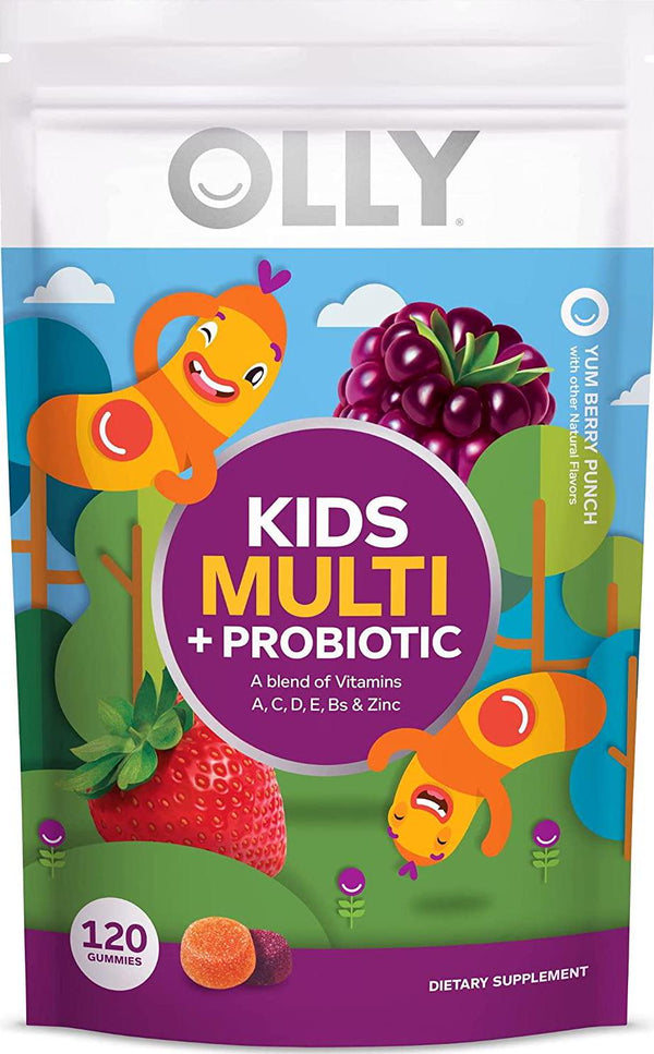 Olly Kid's Multivitamin + Probiotic Gummy, Vitamins A, C, D, E, B, Zinc, Digestive Support, Chewable Supplement, Berry Flavor, 60 Day Supply - 120 Count Pouch, Red, Orange, (700370.01)