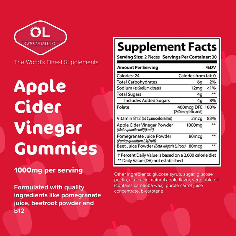 Olympian Labs Apple Cider Vinegar Gummies (1000mg Per Serving) Formulated With Vitamin B12, Folate, and Pomegranate Juice Powder - Detox, Immunity Support - 60ct (30 Servings)