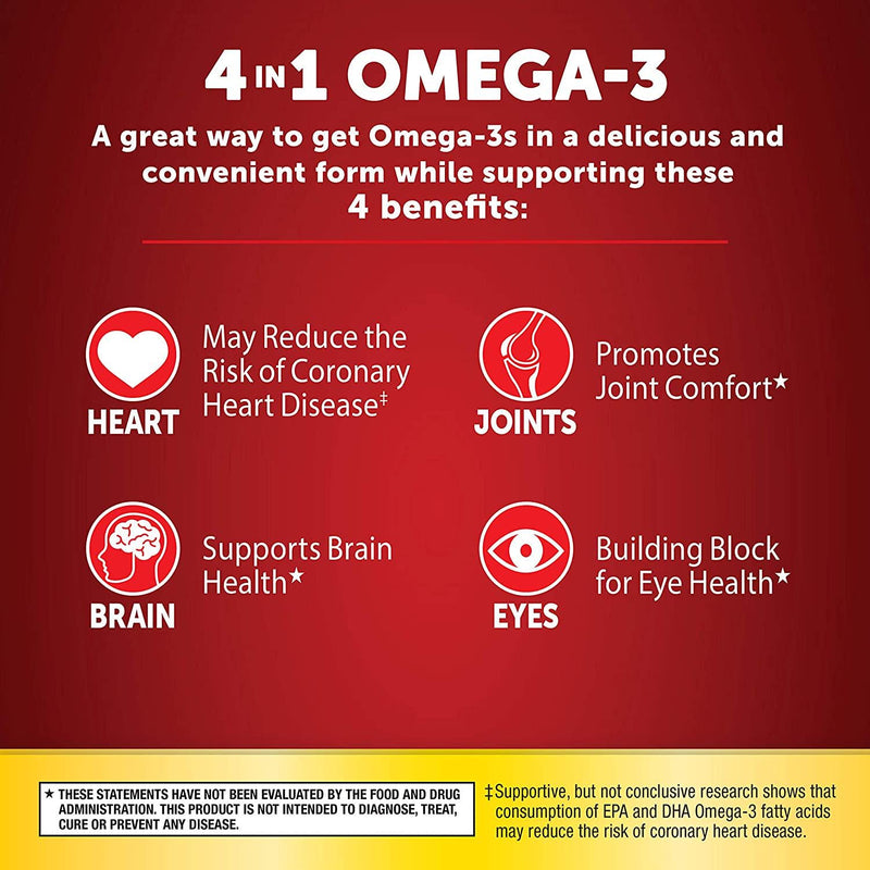 Omega-3 Advanced 4in1 Watermelon and Orange Flavored Gummies, MegaRed (60 Count in A Bottle), Omega-3s for Heart, Joints, Brain and Eye Health*, EPA, DHA, Fish Oil