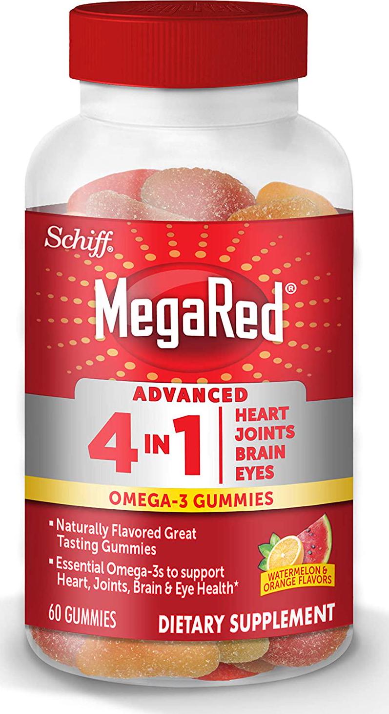 Omega-3 Advanced 4in1 Watermelon and Orange Flavored Gummies, MegaRed (60 Count in A Bottle), Omega-3s for Heart, Joints, Brain and Eye Health*, EPA, DHA, Fish Oil