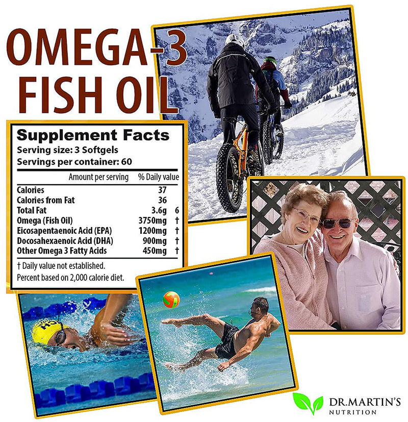 Omega-3 Fish Oil 3750mg Triple Strength - 180 Burpless Softgels | EPA 1200mg + DHA 900mg | Promotes Healthy Heart, Immune System, Eyes, Skin and Brain Function