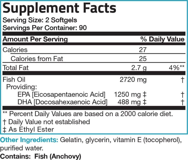 Omega 3 Fish Oil Triple Strength 2720 mg - High EPA 1250 mg DHA 488 mg - Heavy Metal Tested - Non GMO - 180 Softgels