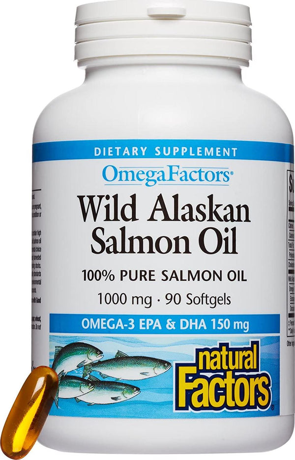 Omega Factors by Natural Factors, Wild Alaskan Salmon Oil, Supports Heart and Brain Health with Omega-3 DHA and EPA, 90 Softgels