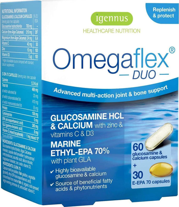Omegaflex DUO Glucosamine Hydrochloride, Calcium and High Strength Omega-3 Fish Oil and Virgin Evening Primrose Oil for Joints and Bones, 70% Concentration High EPA Formula, 60 + 30 Capsules