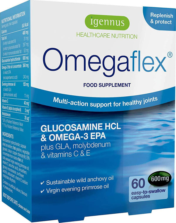 Omegaflex Glucosamine with High Strength Fish Oil, Virgin Evening Primrose Oil, Vitamin C and E, Joint Health Support, with Omega-3 and 6, 70% Concentration High EPA Fish Oil, 60 Softgels
