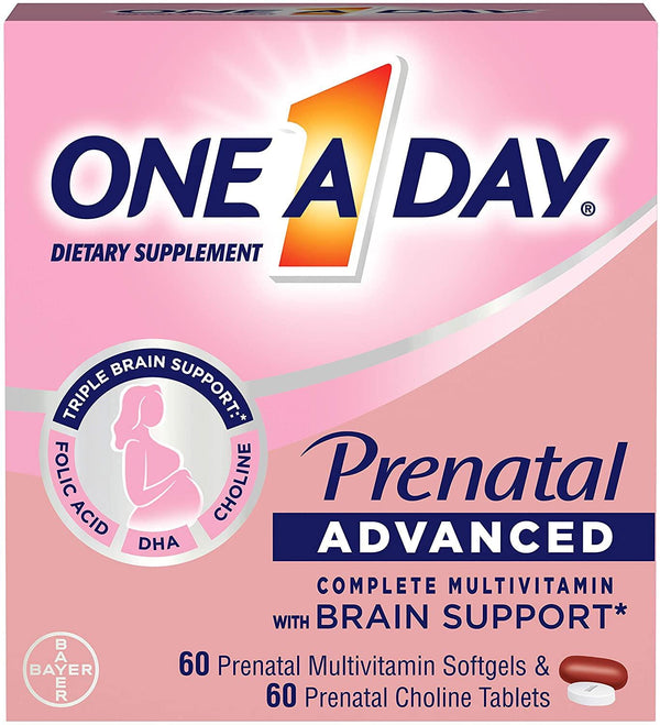 One A Day Women’s Prenatal Advanced Complete Multivitamin with Brain Support* with Choline, Folic Acid, Omega-3 DHA and Iron for Pre, During and Post Pregnancy, 60+60 Count (120 Count Total Set)