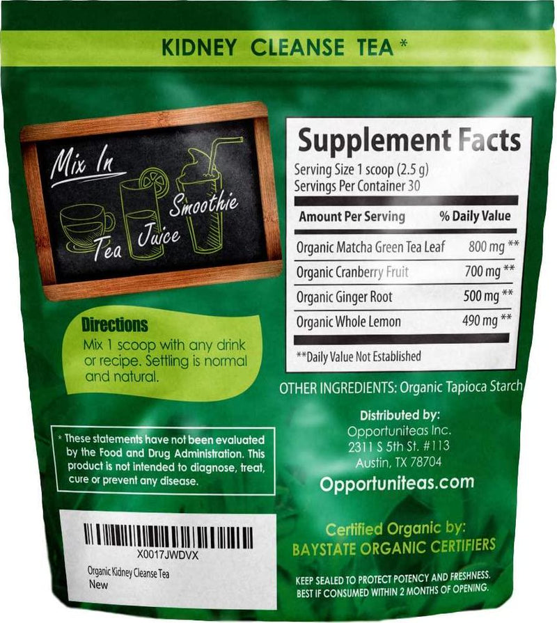 Opportuniteas Organic Kidney Detox Tea- Matcha Green Tea, Cranberry, Lemon and Ginger. 4 Cleansing Superfoods For Drinks. A Natural Detox Cleanse and Organic Energy Drink, Vegan and Non-GMO - 30 Servings