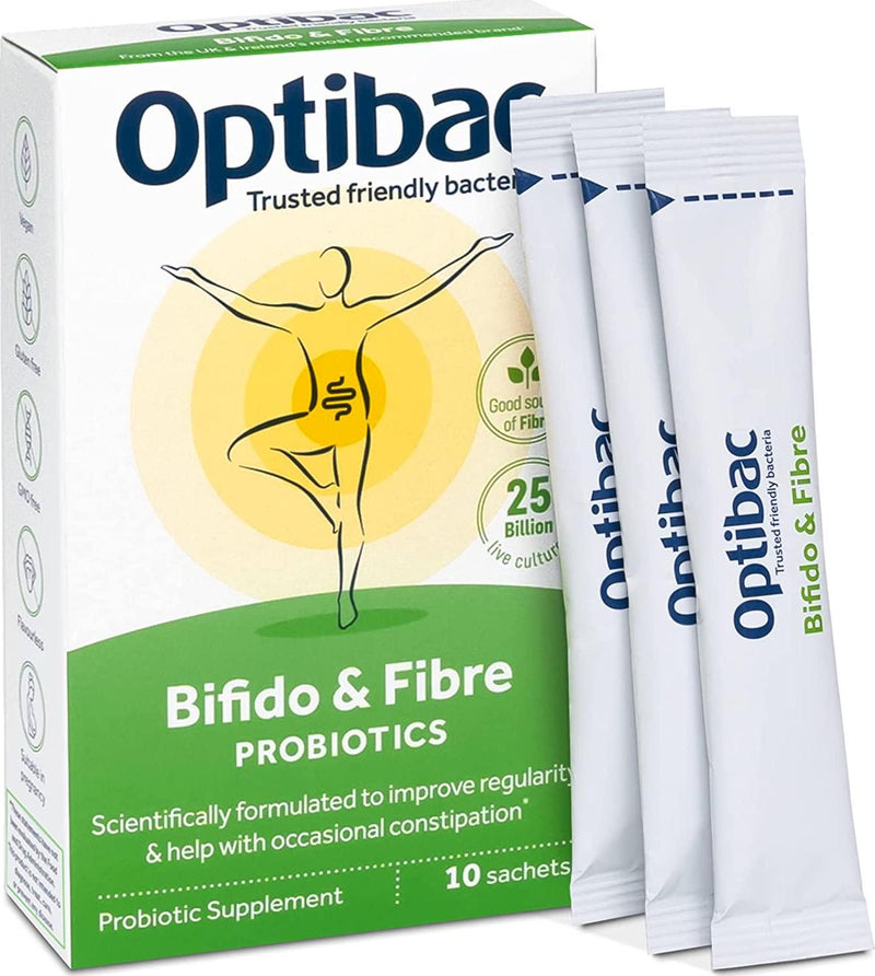 Optibac Probiotics Bifido and Fibre - Vegan Digestive Supplement with Fibre to Maintain Regularity - Scientifically Proven Bifidobacterium Probiotic - 25 Billion - 10 Powder Sachets