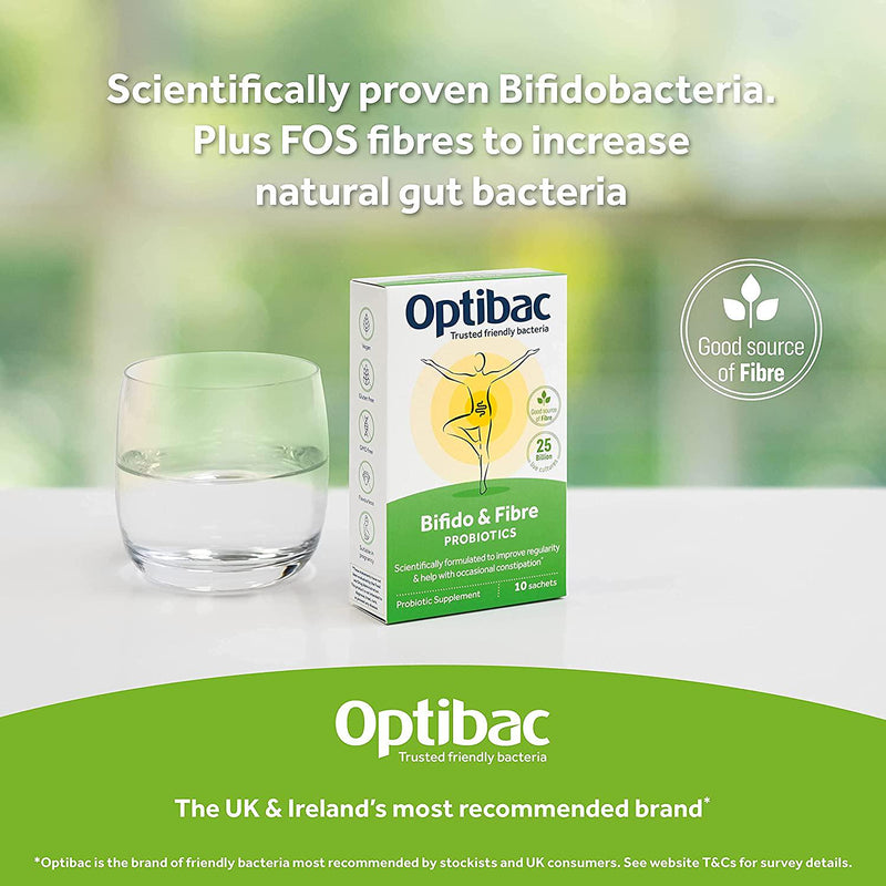 Optibac Probiotics Bifido and Fibre - Vegan Digestive Supplement with Fibre to Maintain Regularity - Scientifically Proven Bifidobacterium Probiotic - 25 Billion - 10 Powder Sachets