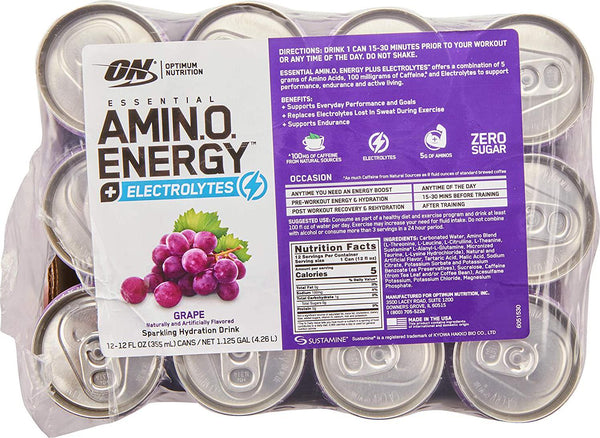 Optimum Nutrition Amino Energy + Electrolytes Sparkling Hydration Drink, Grape, 355ml, 12 Pack