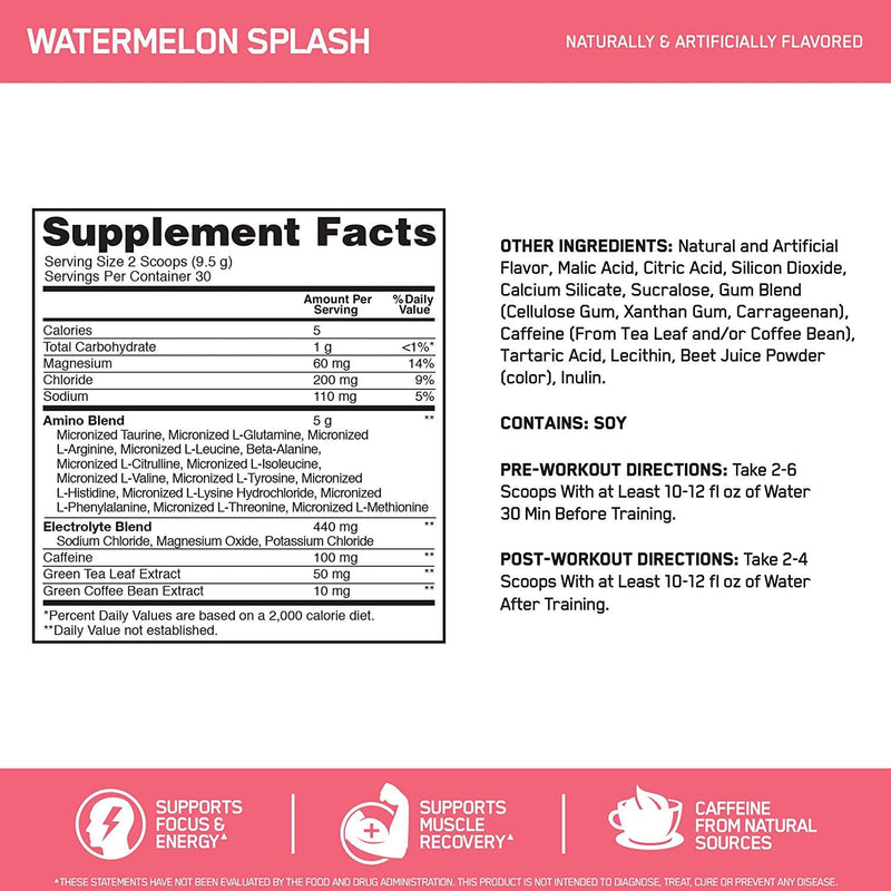 Optimum Nutrition Amino Energy + Electrolytes, Watermelon Splash, 285 Gram 30 Serves