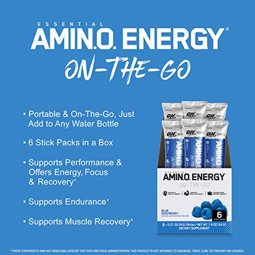 Optimum Nutrition Amino Energy Multipack - Pre Workout with Green Tea, BCAA, Amino Acids, Keto Friendly, Green Coffee Extract, Energy Powder - Fruit Fusion and Blue Raspberry (12 Count, 6 per Flavor)