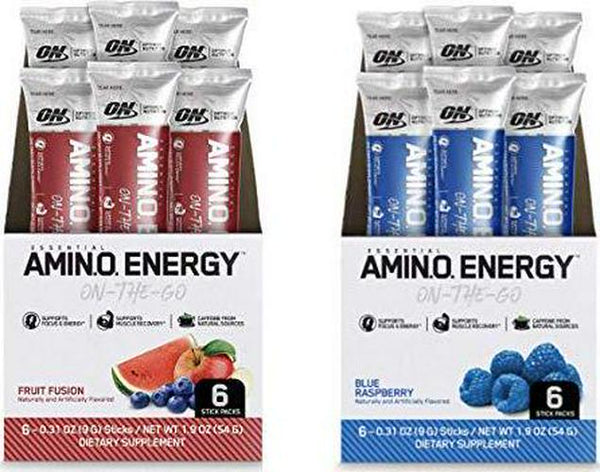 Optimum Nutrition Amino Energy Multipack - Pre Workout with Green Tea, BCAA, Amino Acids, Keto Friendly, Green Coffee Extract, Energy Powder - Fruit Fusion and Blue Raspberry (12 Count, 6 per Flavor)