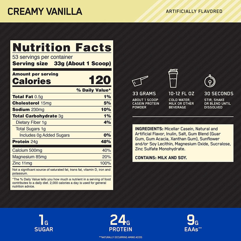 Optimum Nutrition Casein Powder, Creamy Vanilla, 3.86 Pounds