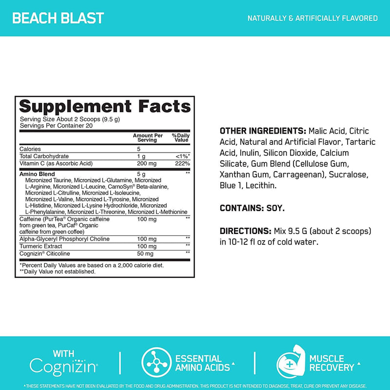Optimum Nutrition Essential Amino Energy Advanced Plus Metabolism and Focus Support, Beach Blast, 20 Servings