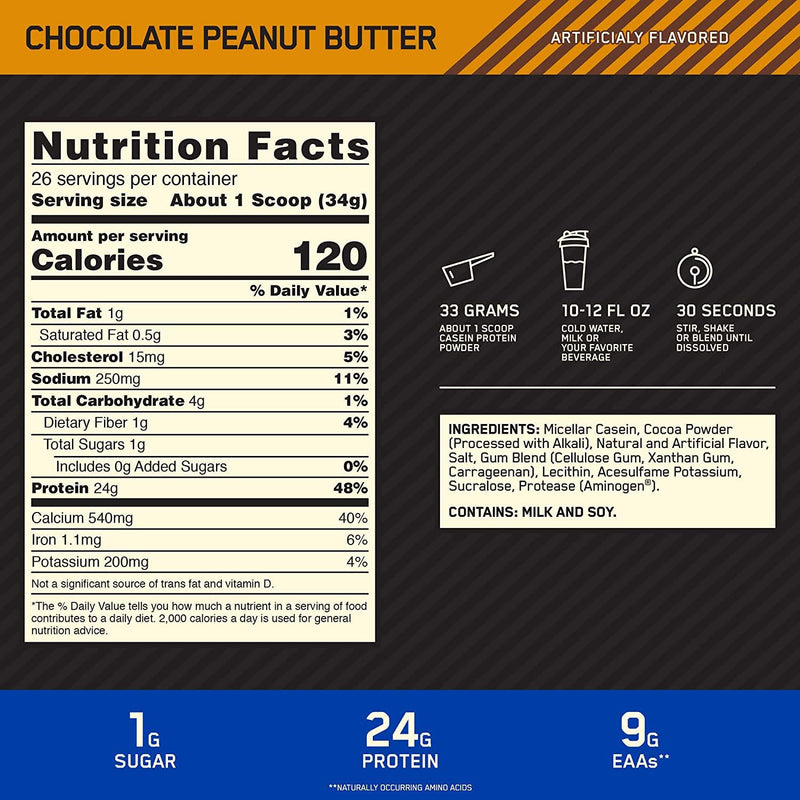 Optimum Nutrition Gold Standard 100% Casein Protein Powder, Chocolate Peanut Butter, 2 Pound