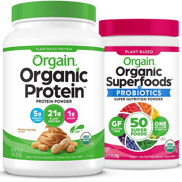Orgain Bundle - Berry Superfoods Powder and Peanut Butter Protein Powder - Made without Gluten, Non-GMO