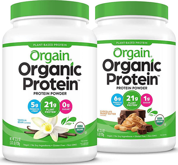 Orgain Bundle - Vanilla Protein Powder and Chocolate Peanut Butter Protein Powder - (20 Servings Each) Vegan, Made Without Dairy, Gluten and Soy