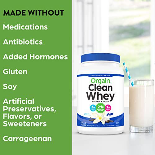 Orgain Grass Fed Whey Protein Powder, Vanilla Bean - 21g of Protein, Low Net Carbs, Gluten Free, Soy Free, No Sugar Added, Kosher, Non-GMO, 1.82 Lb (Packaging May Vary)