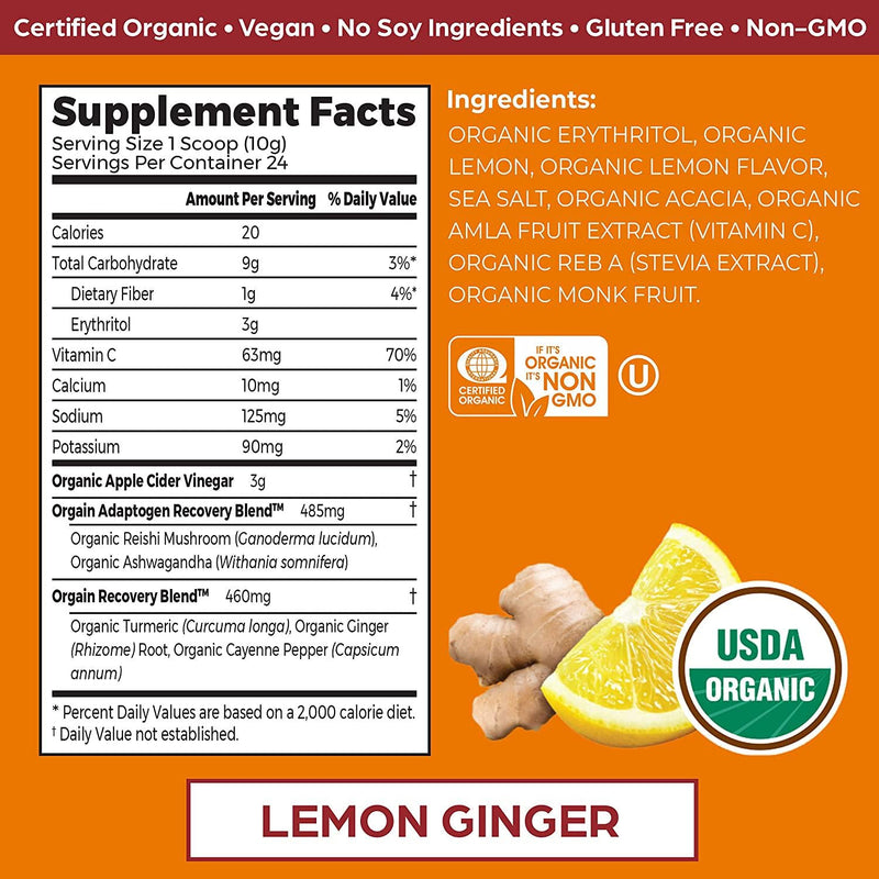 Orgain Lemonade Sport Recovery Post-Workout Powder - Made with Apple Cider Vinegar, Turmeric, Ginger, and Ashwaganda, Gluten Free, Non-GMO, Vegan, Dairy and Soy Free - 0.53 lbs (Packaging May Vary)