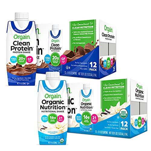 Orgain Organic Nutritional Shake, Sweet Vanilla Bean - Meal Replacement, 16g Protein, 11 Ounce, 12 Count& Grass Fed Clean Protein Shake, Creamy Chocolate Fudge - Meal Replacement, 11 oz, 12 Count