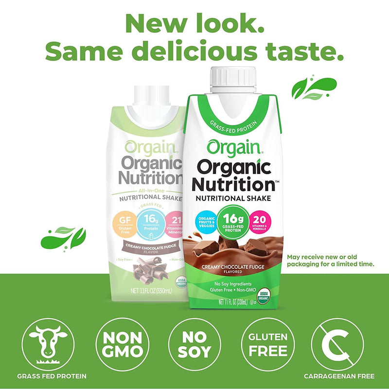 Orgain Organic Nutritional Shake, Creamy Chocolate Fudge - Meal Replacement, 16g Protein, 20 Vitamins and Minerals, Gluten and Soy Free, Kosher, Non-GMO, Packaging May Vary, 11 Fl Oz (Pack of 12)