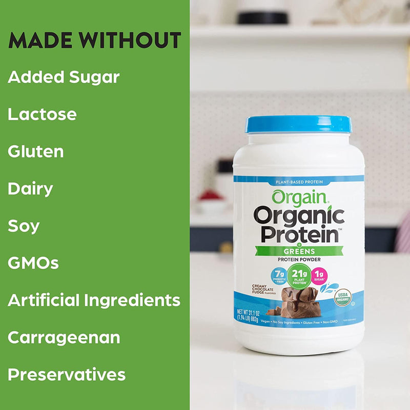 Orgain Organic Plant Based Protein and Greens Powder, Creamy Chocolate Fudge - Vegan, Dairy Free, Gluten Free, Lactose Free, Soy Free, Low Sugar, Kosher, Non-GMO, 1.94 Pound (Packaging May Vary)
