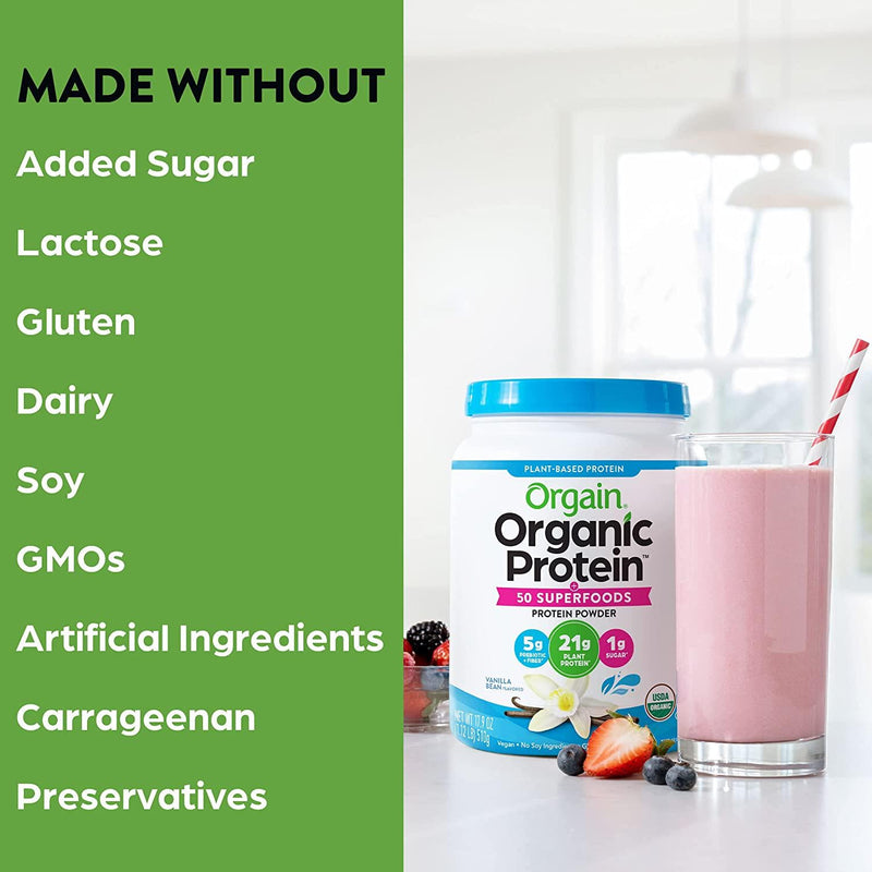 Orgain Organic Plant Based Protein + Superfoods Powder, Vanilla Bean - Vegan, Non Dairy, Lactose Free, No Sugar Added, Gluten Free, Soy Free, Non-GMO, 1.12 lb
