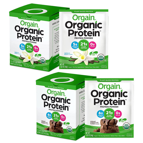 Orgain Organic Plant Based Protein Powder Travel Pack, Vanilla Bean - Vegan, Low Net Carbs and Organic Plant Based Protein Powder Travel Pack, Creamy Chocolate Fudge - Vegan, Low Net Carbs, 10 Count