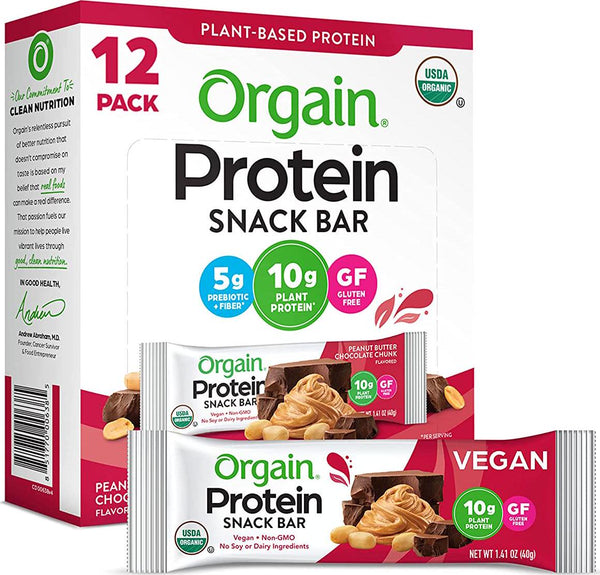 Orgain Organic Plant Based Protein Bar, Peanut Butter Chocolate Chunk - 10g of Protein, Vegan, Gluten Free, Non Dairy, Soy Free, Lactose Free, Kosher, Non-GMO, 1.41 Ounce, 12 Count(Packaging May Vary)