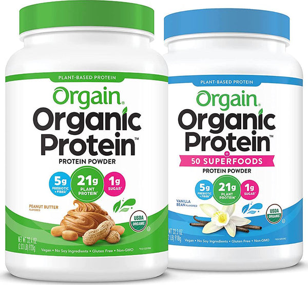 Orgain Organic Plant Based Protein Powder, Peanut Butter - Vegan, Low Net Carbs, 2.03 Pound and Organic Plant Based Protein + Superfoods Powder, Vanilla Bean - Vegan, Non Dairy, Lactose Free, 2.02 lb