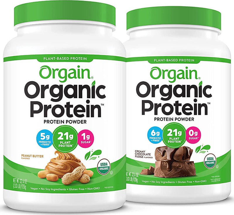 Orgain Organic Plant Based Protein Powder, Peanut Butter - Vegan, Low Net Carbs, 2.03 Pound and Organic Plant Based Protein Powder, Creamy Chocolate Fudge - Vegan, Low Net Carbs, Non Dairy, 2.03 Pound
