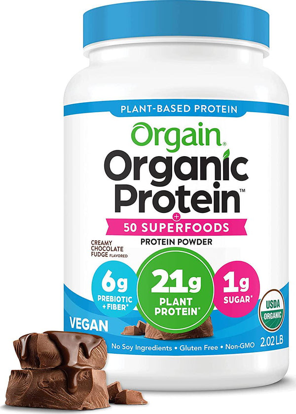 Orgain Organic Protein + Superfoods Powder, Creamy Chocolate Fudge - 21g of Protein, Vegan, Plant Based, 6g of Fiber, No Dairy, Gluten, Soy or Added Sugar, Non-GMO, 2.02 Lb