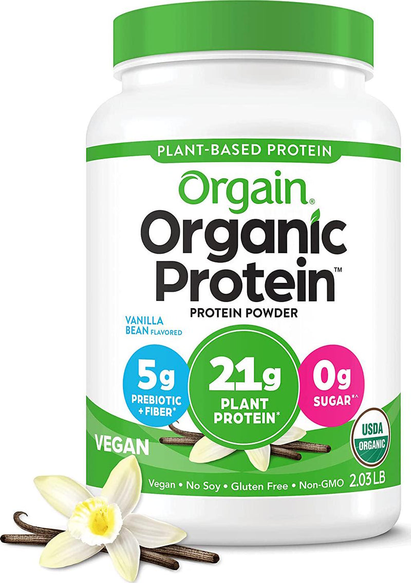Orgain Organic Vegan Protein Powder, Vanilla Bean - 21g of Plant Based Protein, Low Net Carbs, Gluten Free, Lactose Free, No Sugar Added, Soy Free, Kosher, Non-GMO, 2.03 Lb