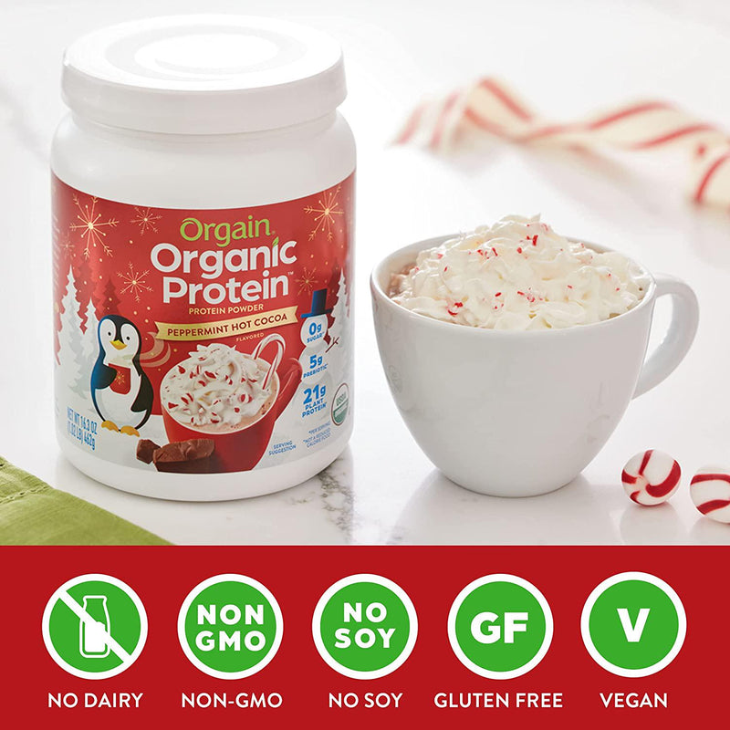 Orgain Organic Vegan Protein Powder, Peppermint Hot Cocoa Seasonal Holiday Flavor - 21g of Plant Based Protein, Non Dairy, Gluten Free, 2g of Fiber, No Sugar Added, Soy Free, Non-GMO, 1.02 Lb