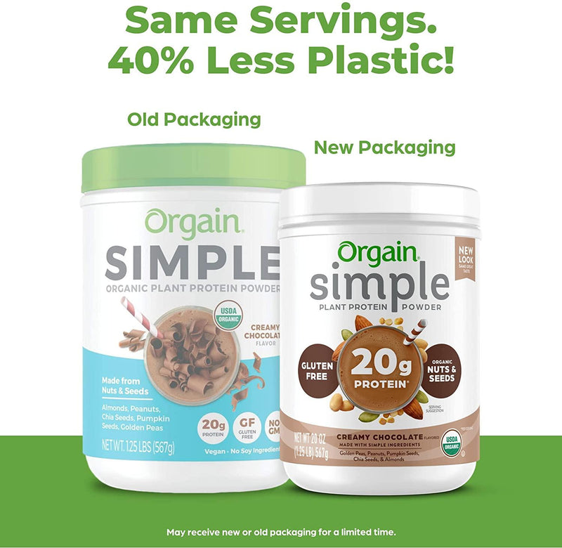 Orgain Simple Organic Plant Protein Powder, Chocolate - 20g of Protein, Vegan, Made with Fewer Ingredients and Without Dairy, Gluten and Stevia, Kosher, Non-GMO, 1.25 Lb (Packaging May Vary)