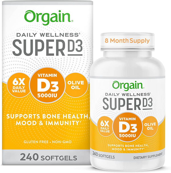 Orgain Super D3 Supplement with 5,000 IU/125mcg of D3 and Organic Olive Oil, Supports Bone Health and Mood, No Artificial Flavors or Presevatives, No Soy or Gluten, Non-GMO, 240 Count