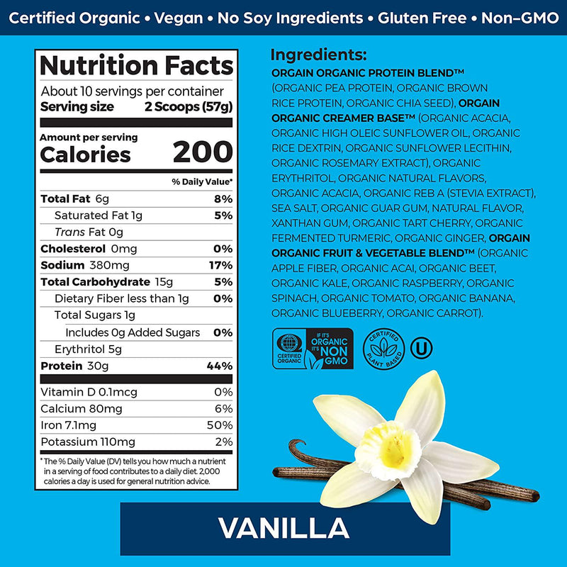 Orgain Vanilla Sport Plant-Based Protein Powder - 30g of Protein, Made with Organic Turmeric, Ginger, Beets, Chia Seeds,Cherry,Brown Rice and Fiber,Vegan, No Gluten, Soy or Dairy, Non GMO, 1.26 lbs