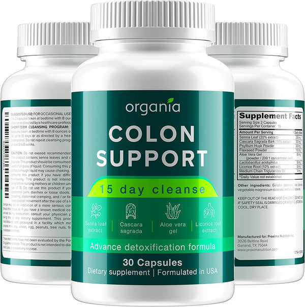 Organia Colon Support - Natural Laxative for Bowel Movement, Constipation Relief and Bloating Support - 30 Capsules - Made in USA, 30 Count (Pack of 1)