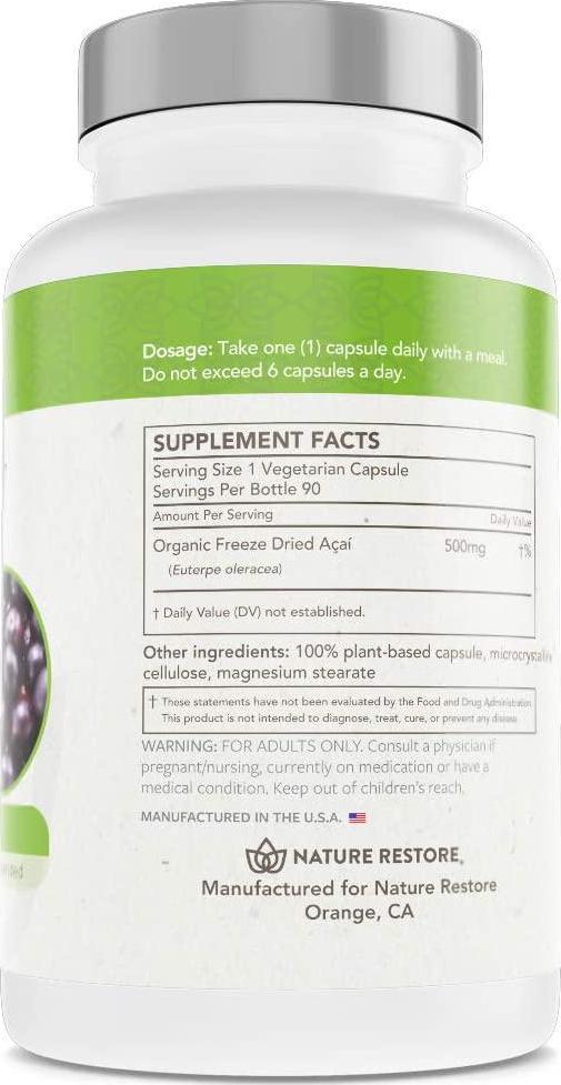 Organic Acai Berry Supplement, Freeze Dried, 90 Acai Berry Capsules, Non GMO, Gluten Free, Vegan
