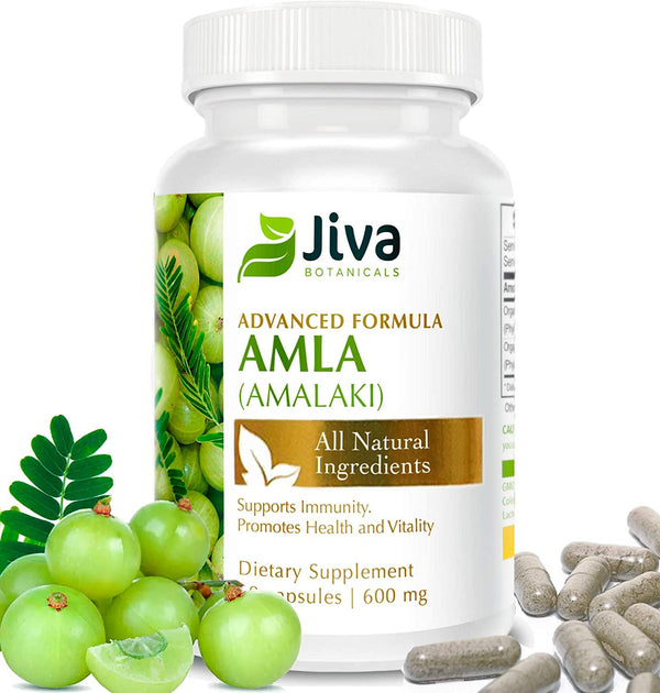 Organic Amla Powder Capsules (600mg Advanced Extract Formula) by JIVA BOTANICALS - Potent Antioxidant, High in Organic Vitamin C. Supports Immunity, Stress Management, Strength and Vitality