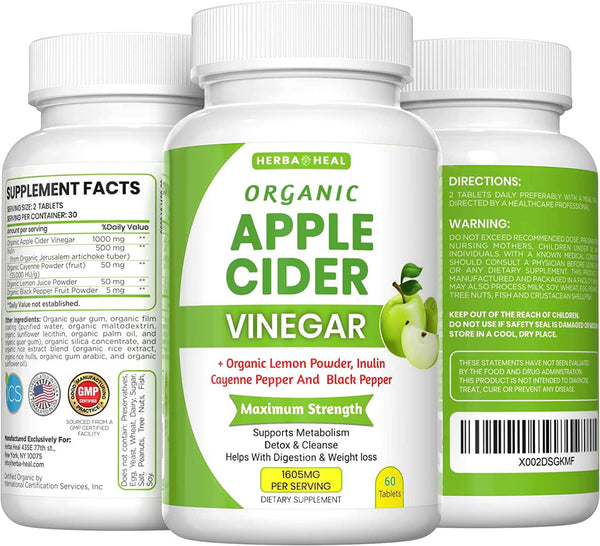 Organic Apple Cider Vinegar Tablets 1 1600MG with the Mother, Lemon Powder, Inulin and Cayenne Pepper For Weight Loss - Organic ACV Pills