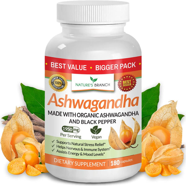 Organic Ashwagandha with Black Pepper - 180 Capsules - 1950mg Maximum Strength for Stress and Mood Support, Sleep, Thyroid, Energy, Hair Pure Root Extract Powder - Vegan Supplements for Men and Women