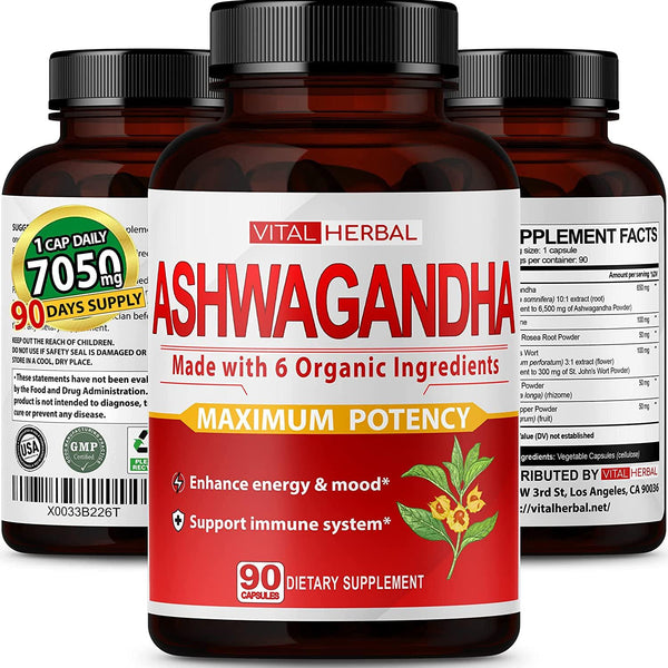 Organic Ashwagandha Capsules Equivalent to 7050mg - Maximum Potency with L-Theanine Turmeric Rhodiola St. John's Wort Increase Strength Focus Mood Sleep Support - 90 Days Supply