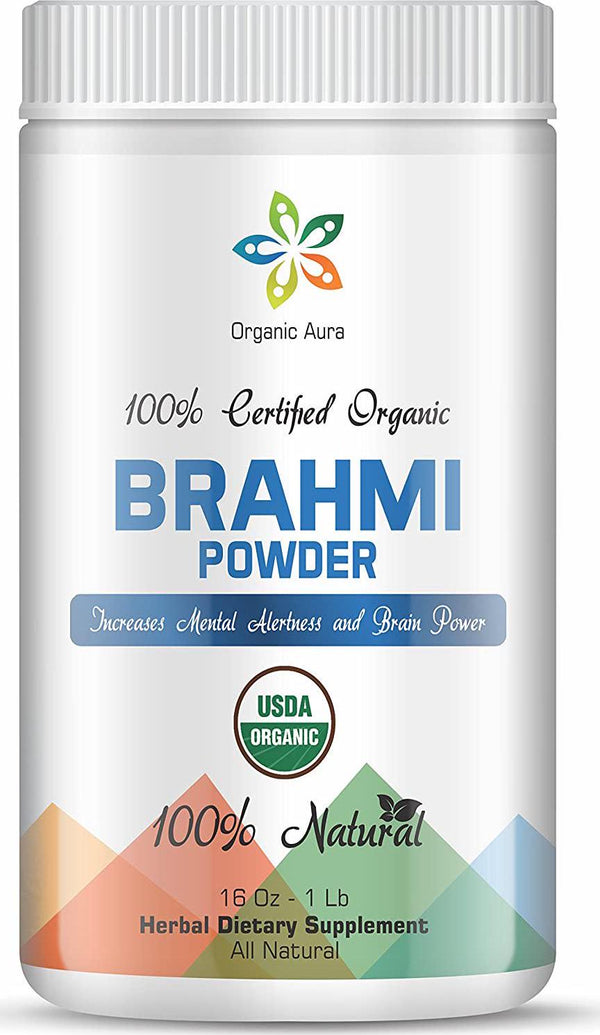 Organic Aura Brahmi Powder 1 Lb - 16Oz. Naturally Boosts Immunity and Brain Power, Act as Stress Buster, Promotes Hair Growth and Skin Rejuvenation. 100% All Natural, Fresh and Pure. No GMO.