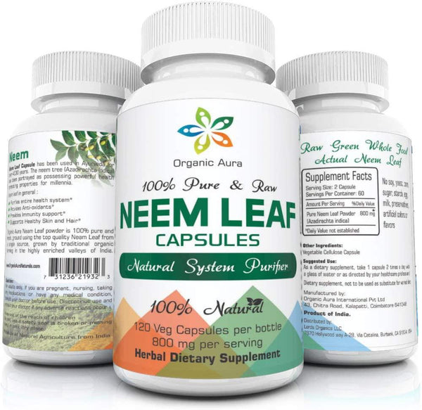Organic Aura Neem Capsules. Natures Miracle Detoxifying Agent. Promotes Healthy Respiratory, Digestive and Immune System. 100% Natural and Raw Superfood Supplement. No GMO. Gluten Free.