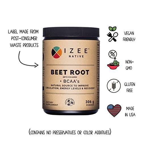 Organic Beet Root Powder by Izee Native | 306 g BCAAs Amino Acids Post Workout Recovery Drink | Natural Beet Root Powder + BCAAs Helps Improve Circulation and Energy