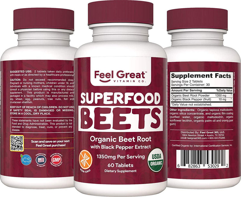 Organic Beet Root Powder Supplements (Tablets) by Feel Great Vitamin Co.| Beets Nitric Oxide Supplement | Red Beet Powder Support Healthy Circulation with Natural Nitrates for Natural Energy*
