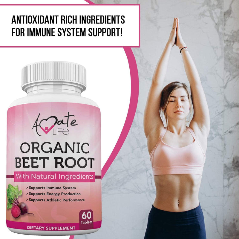 Organic Beet Root Supplement Beetroot Tablets with Black Pepper Supports Blood Pressure Levels and Athletic Performance Boosts Strength and Immune System Non GMO 60 Count by Amate Life