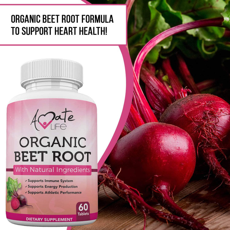 Organic Beet Root Supplement Beetroot Tablets with Black Pepper Supports Blood Pressure Levels and Athletic Performance Boosts Strength and Immune System Non GMO 60 Count by Amate Life